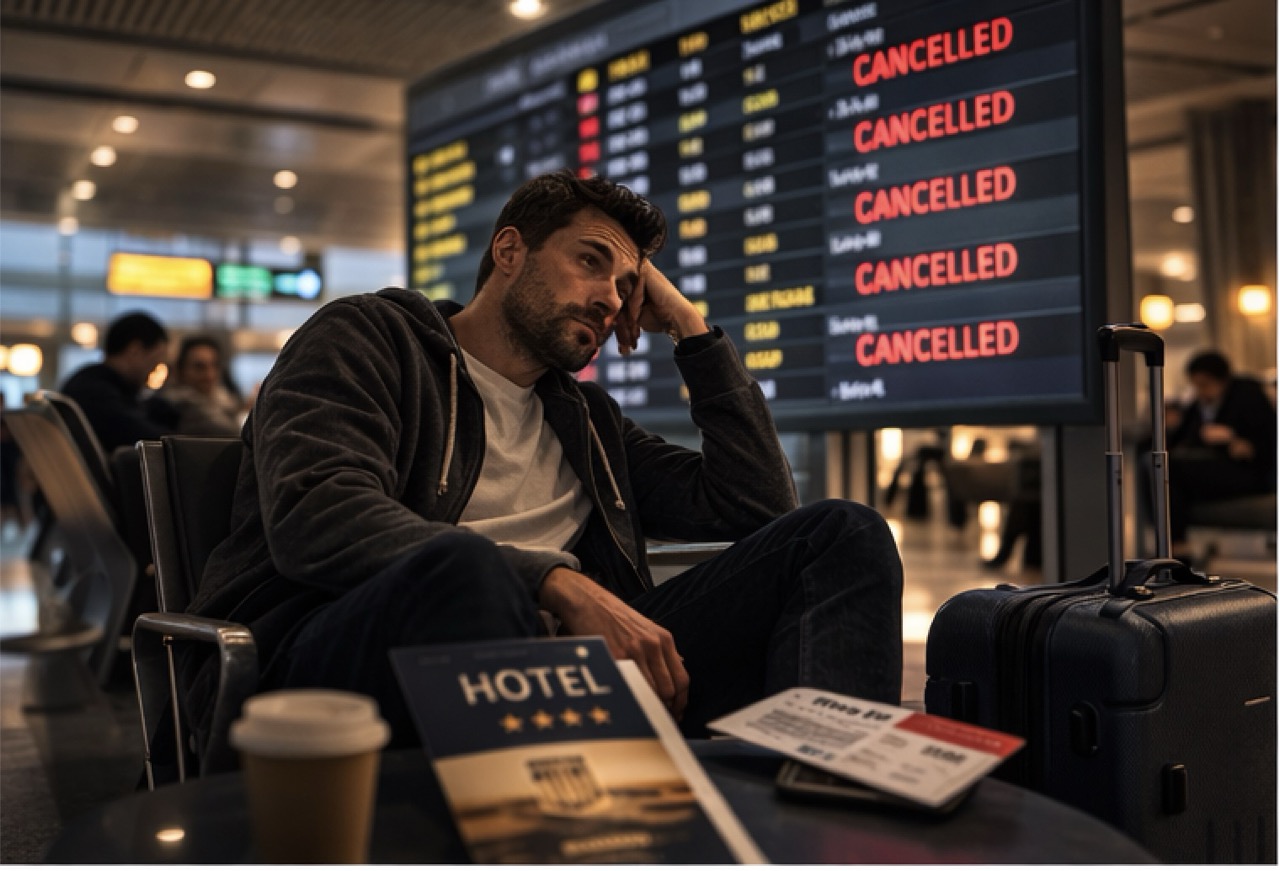 Блокиран пътник на летище пред табло с отменени полети след затваряне на въздушното пространство в Доха, Дубай и Абу Даби